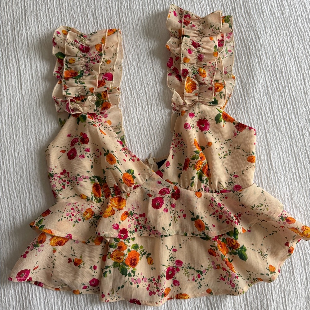 House of Harlow 1960 Cream Floral Ruffle Crop Top